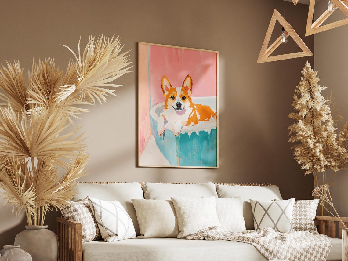 Smiling Corgi Bubble Bath Pastel Pink Teal Nursery Art Poster - Image 3