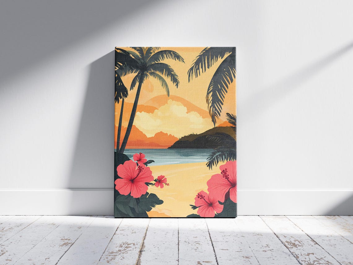 Tropical Beach Sunset Palms Hibiscus Flowers Vacation Art Poster - Image 2
