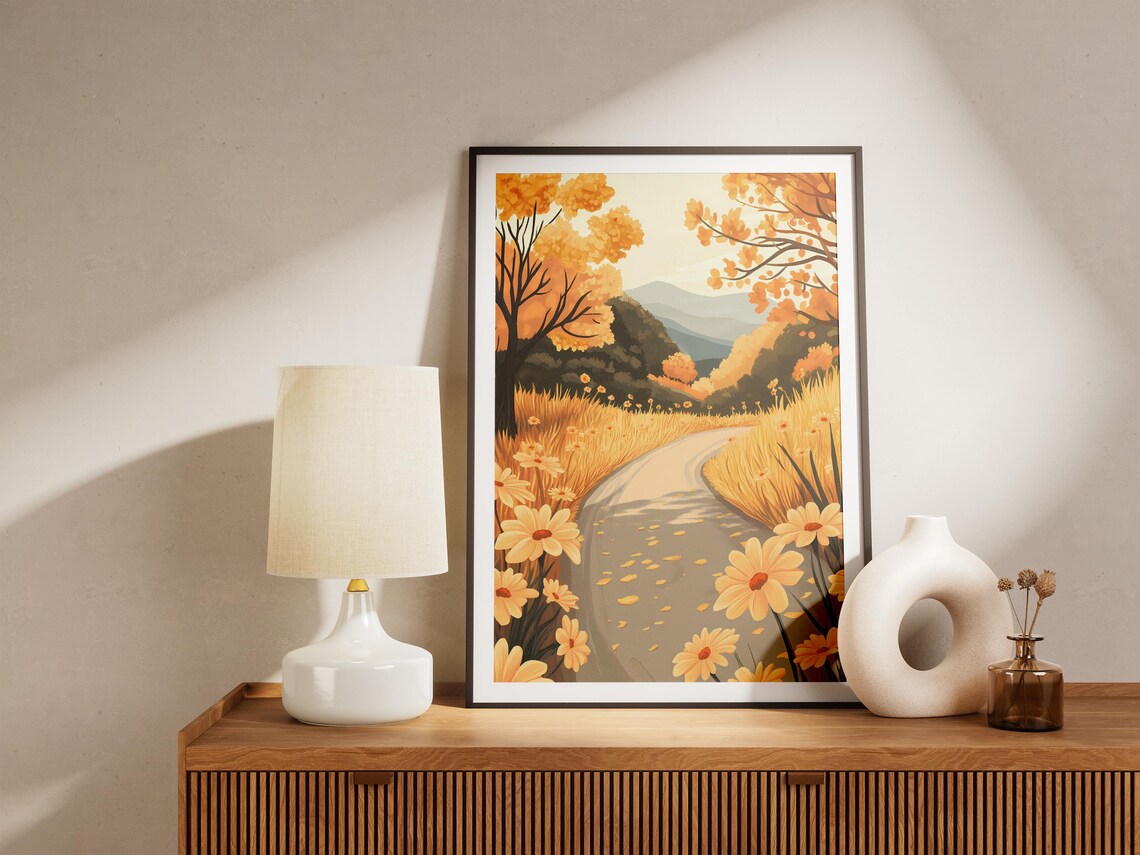 Autumn Country Lane With Golden Trees And Yellow Daisies Poster - Image 5