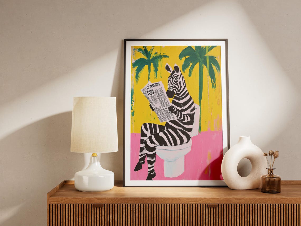 Zebra Reading Newspaper on Toilet Tropical Pink Palm Art Poster - Image 5