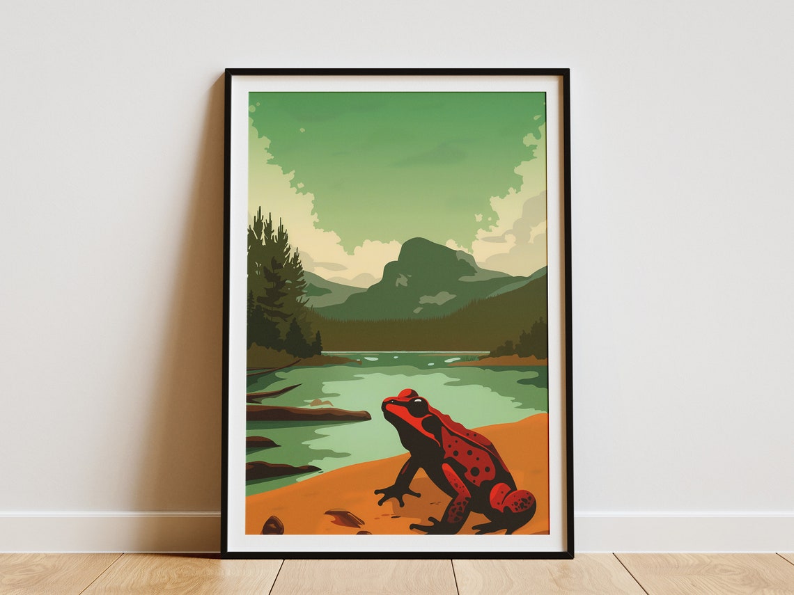 Minimalist Red Frog Lake Mountain Scene Mid Century Wall Art