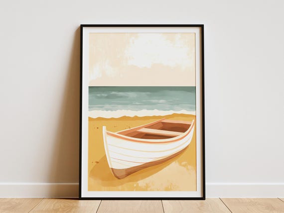 Beach Boat Poster Coastal Rowboat Print Nautical Wall Art Summer Decor Ocean Artwork Sandy Shore Calm Sea Vintage Boat Illustration Seaside