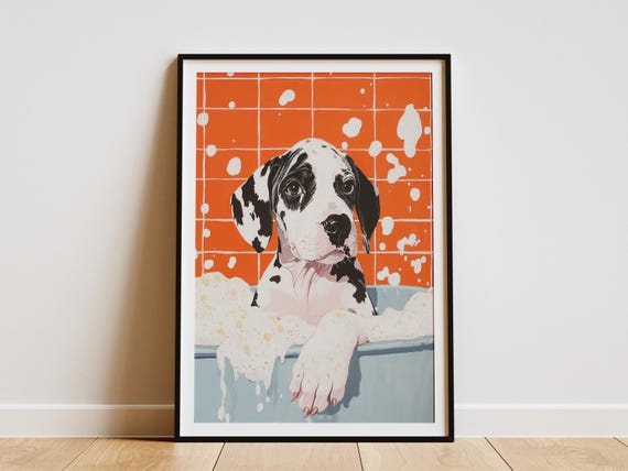 Great Dane Puppy In Bathtub Poster Print Cute Dog Wall Art Bathroom Decor Pet Portrait Animal Lover Gift Funny