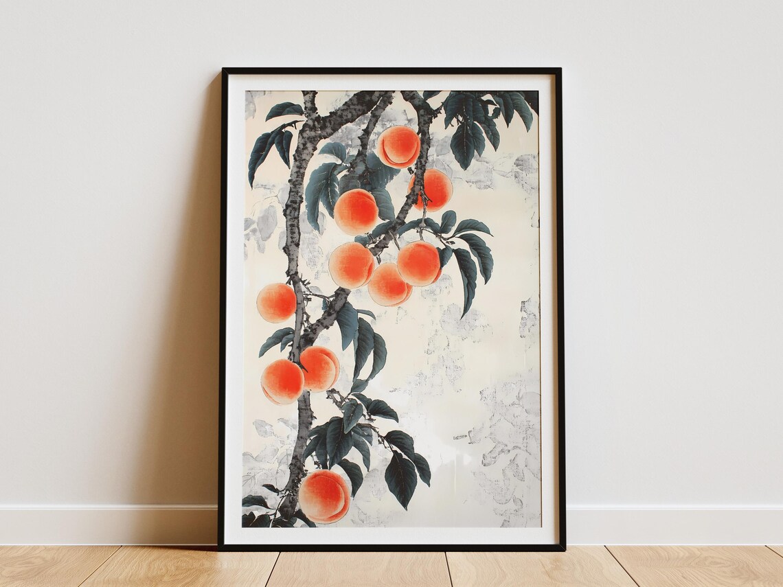 Ripe Peaches Branch Traditional Chinese Botanical Watercolor Poster