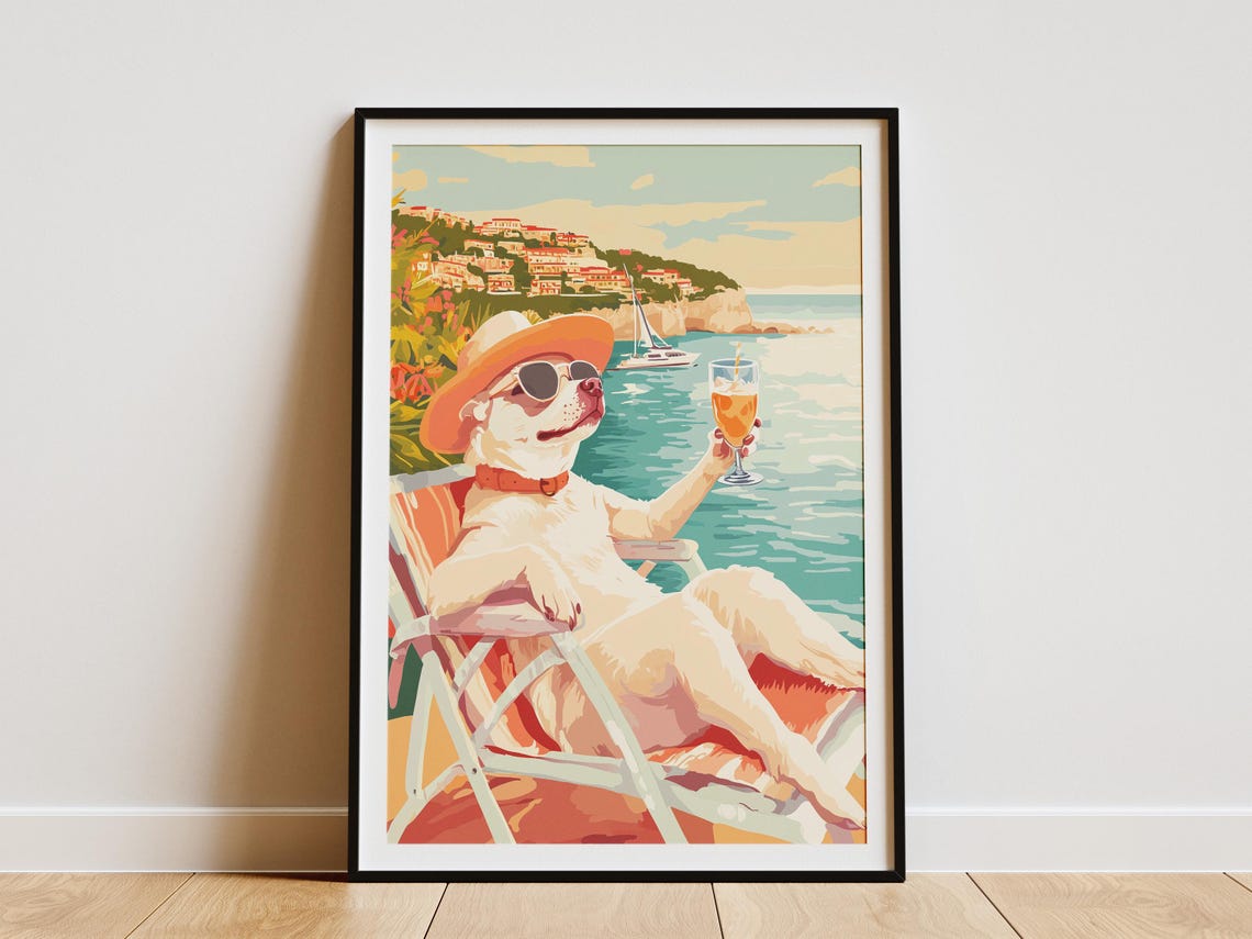 Chihuahua Beach Summer Poster Dog Art Print Coastal Dog Summer Vacation Gift Funny Pet Print Cute Dog Poster Adorable Puppy Pet Lover Gift