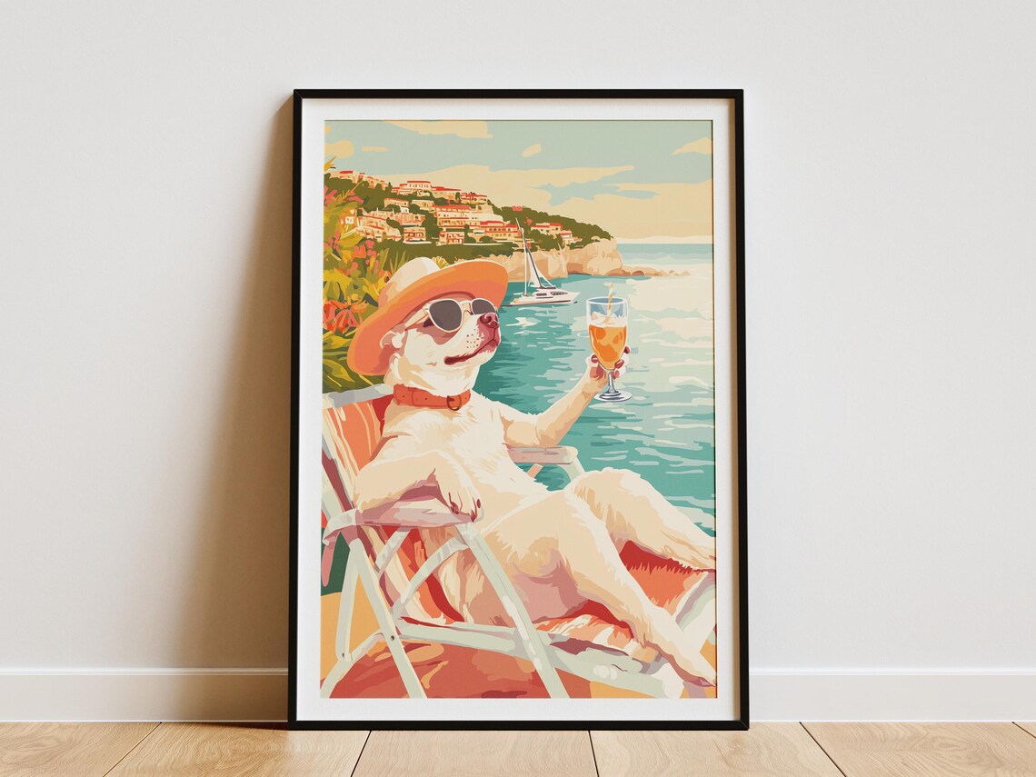 Happy Dog in Sunglasses With a Cocktail at a Seaside Town Poster