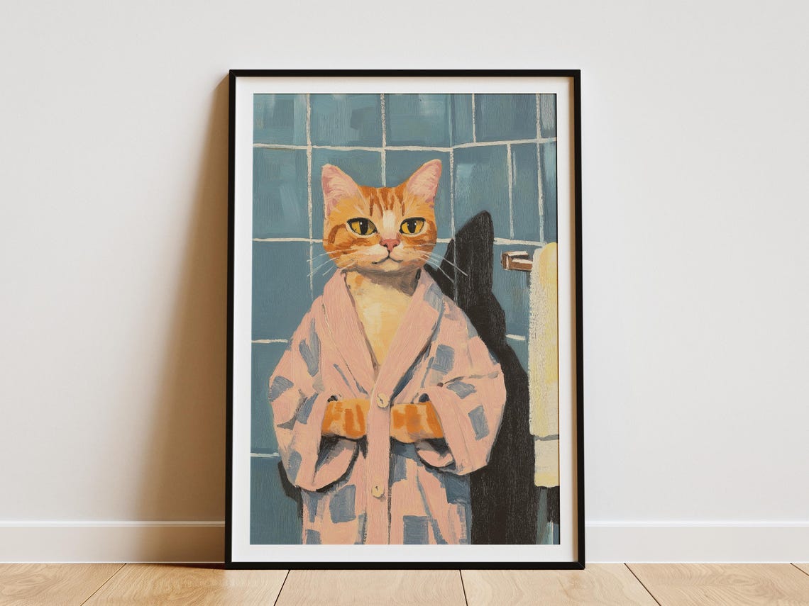 Orange Tabby Cat in Pink Bathrobe Funny Bathroom Decor Poster