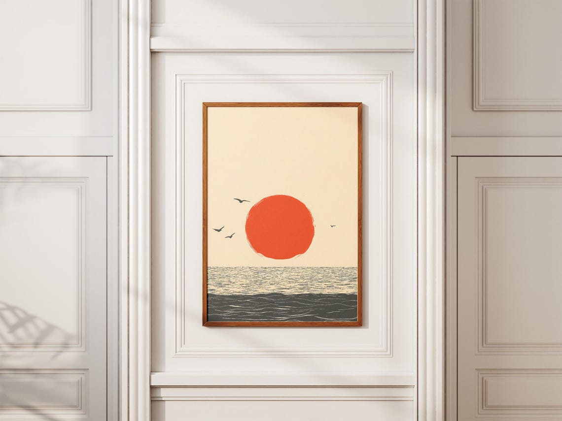 Bold Red Sun over Ocean with Seabirds Minimalist Sunset Poster - Image 2