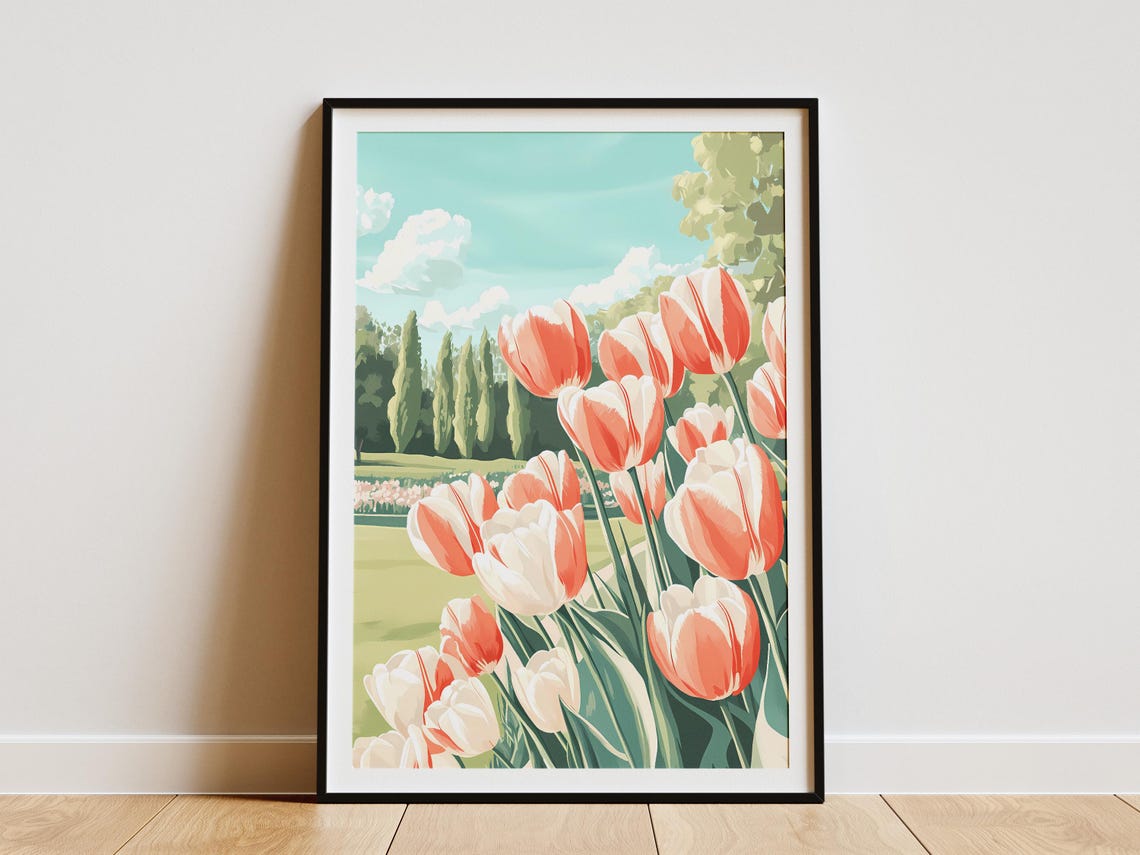 Peach And White Tulip Garden Cypress Trees Blue Sky Spring Poster