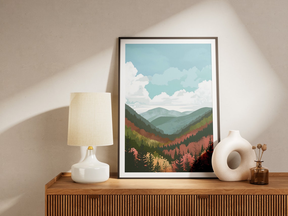 Autumn Forest Mountains Glowing Under Rolling White Clouds Poster - Image 2