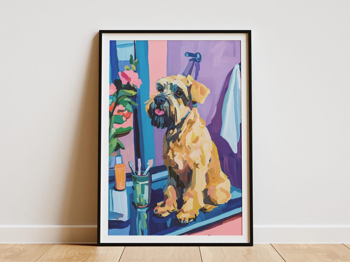 Wheaten Terrier at Bathroom Sink Toothbrush Morning Fun Poster
