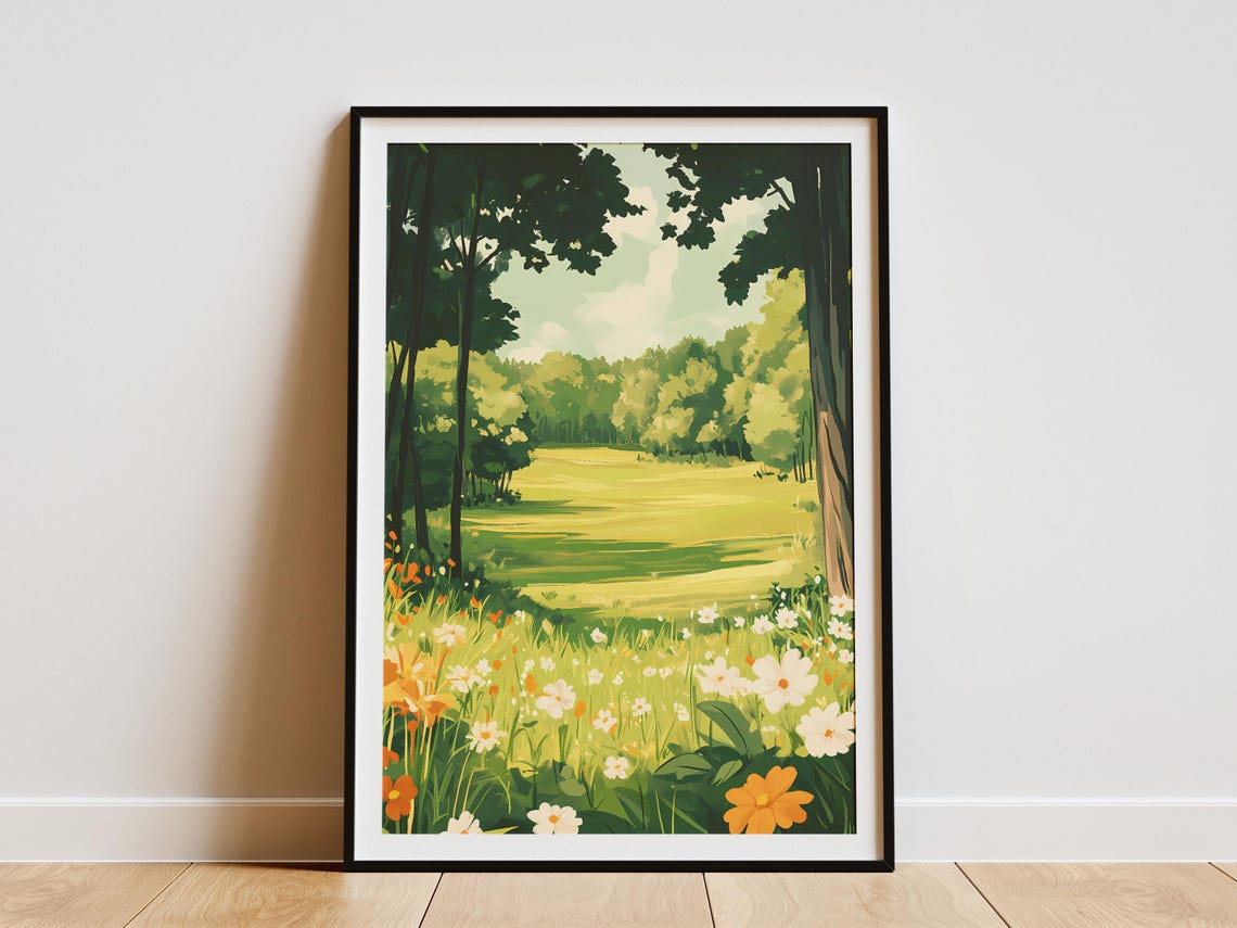 Summer Meadow Framed By Tall Trees Wildflower Bloom Nature Art Poster