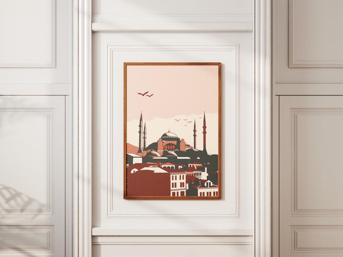 Hagia Sophia Mosque with Four Minarets in Terracotta Tones Poster - Image 2