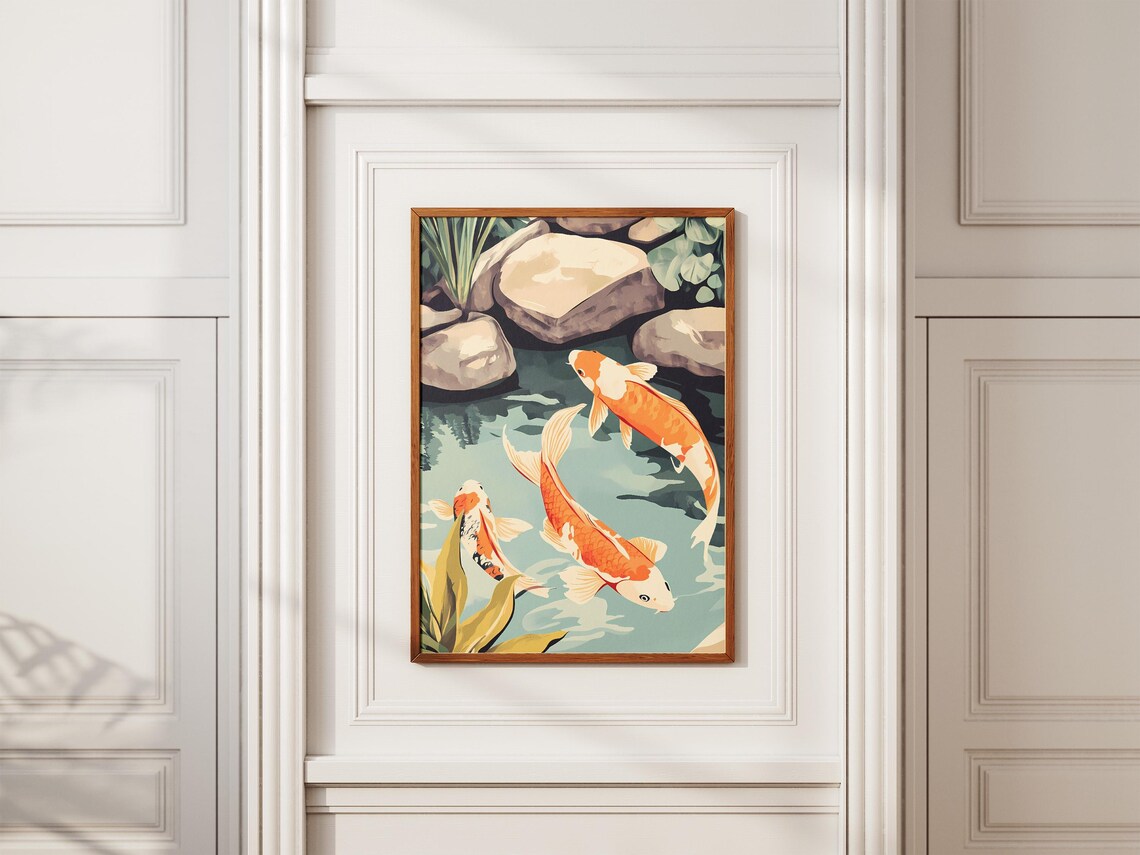 Three Orange Koi Fish Swimming in a Garden Pond Japanese Art Poster - Image 2