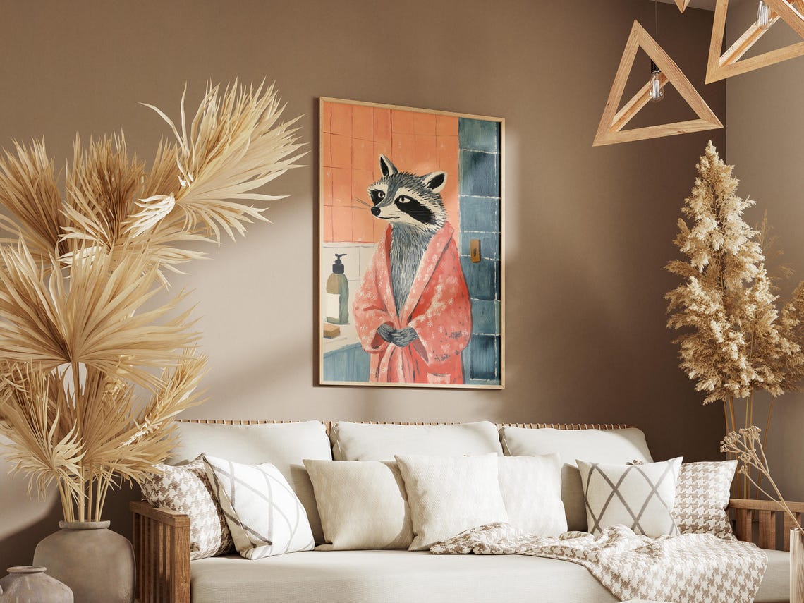 Raccoon in a Pink Bathrobe Cute Bathroom Animal Art Wall Poster - Image 3