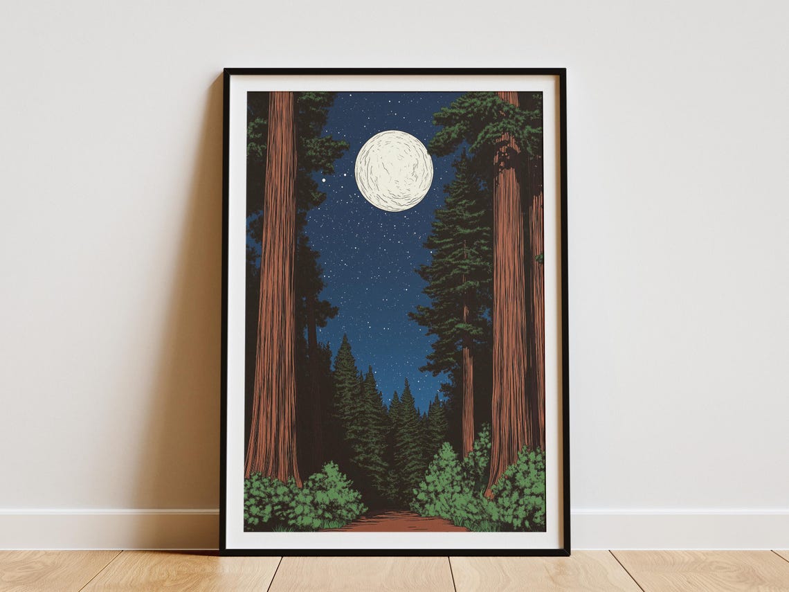 Redwood Forest Night Full Moon Starry Sky Vintage Nature Decor Poster