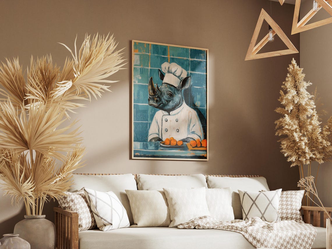 Rhino Chef With Fresh Oranges On Counter Teal Tile Kitchen Poster - Image 3
