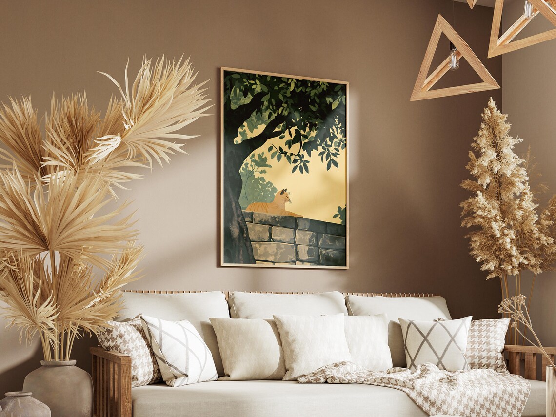 Orange Tabby Cat Resting on Stone Wall Under Leafy Tree Warm Art Poster - Image 3