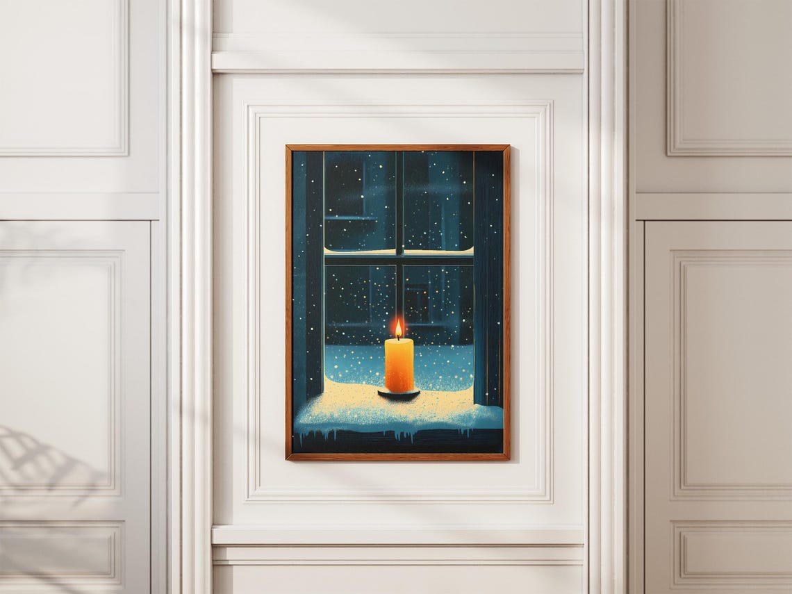 Glowing Candle on a Snowy Night Windowsill in Navy Blue Poster - Image 2