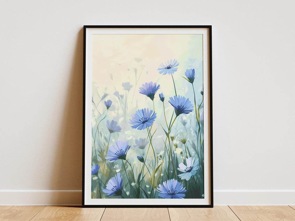 Blue Chicory Meadow Flowers Poster in Soft Misty Morning Light