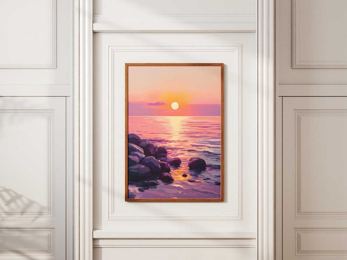 Pink and Purple Sunset Over a Rocky Shore and Calm Sea Poster - Image 2