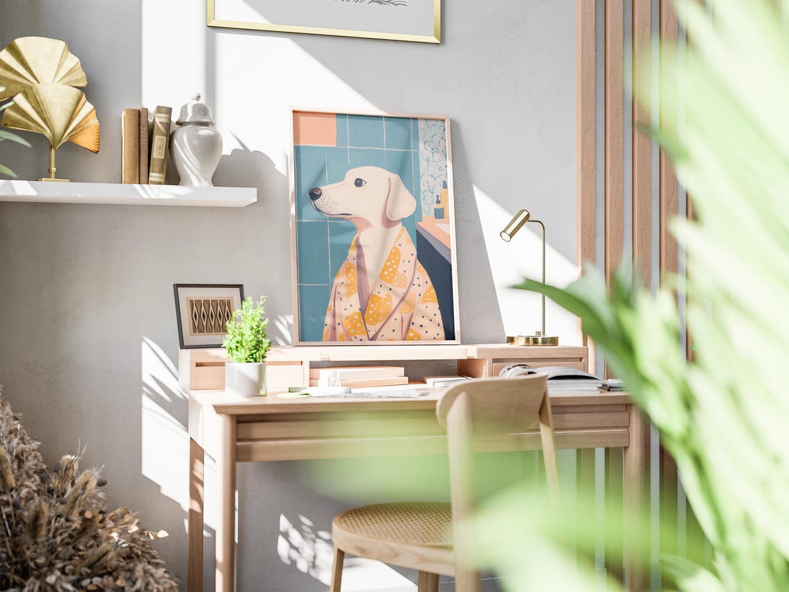 Labrador Dog Yellow Polka Dot Bathrobe Bathroom Cute Modern Art Poster - Image 2