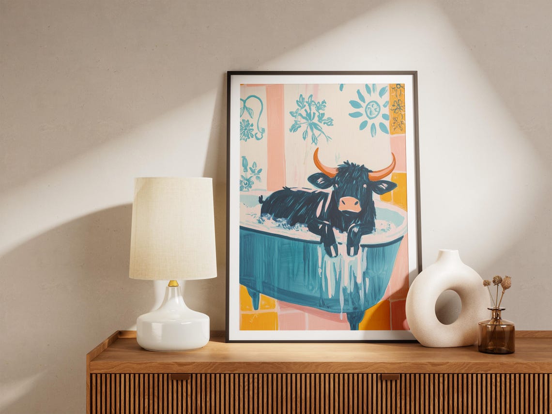 Whimsical Longhorn Cow In Blue Bubble Bath Floral Bathroom Poster - Image 5