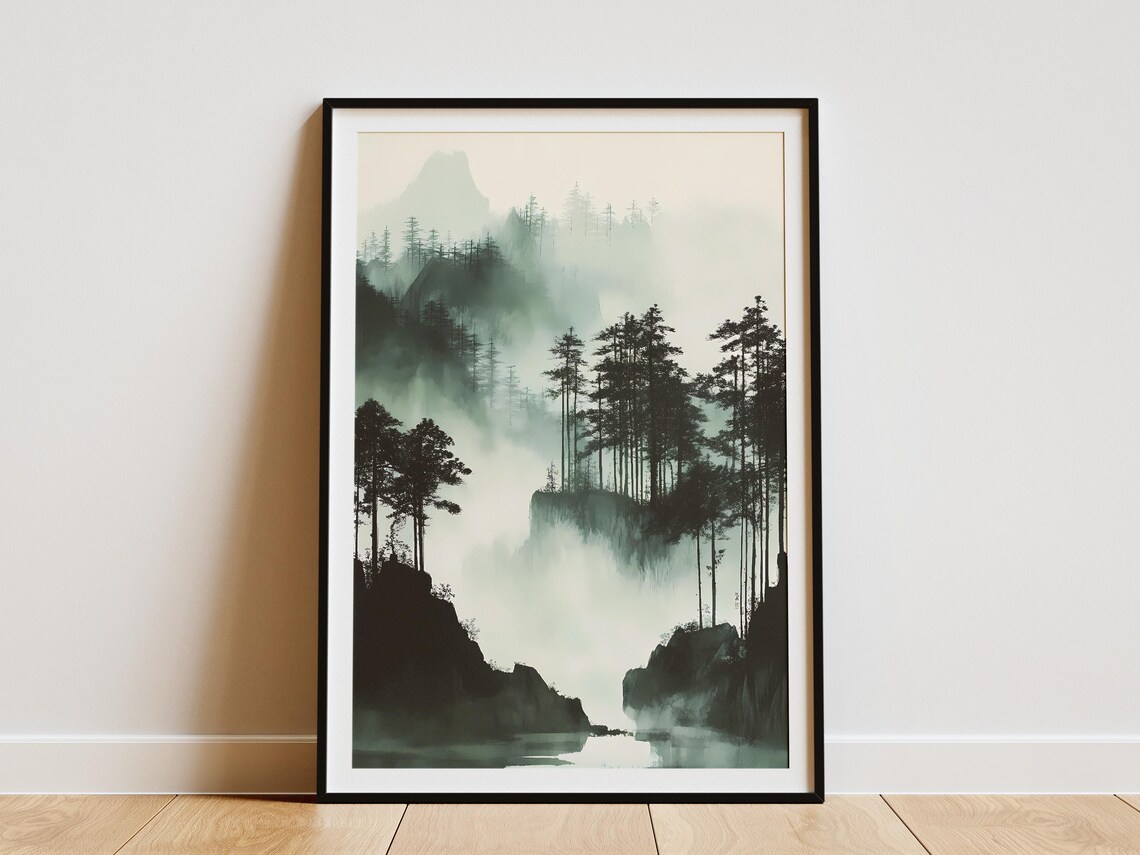 Misty Ink Wash Forest Mountain Lake Ethereal Nature Art Poster