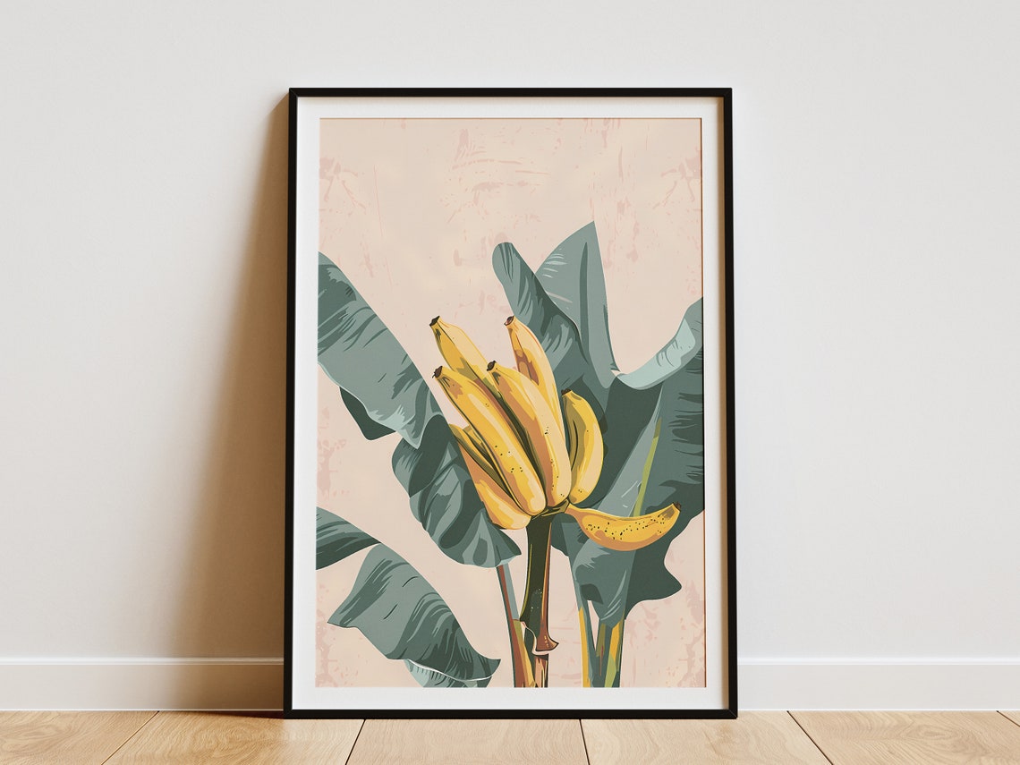Ripe Banana Fruit Cluster Tropical Leaves Blush Botanical Poster