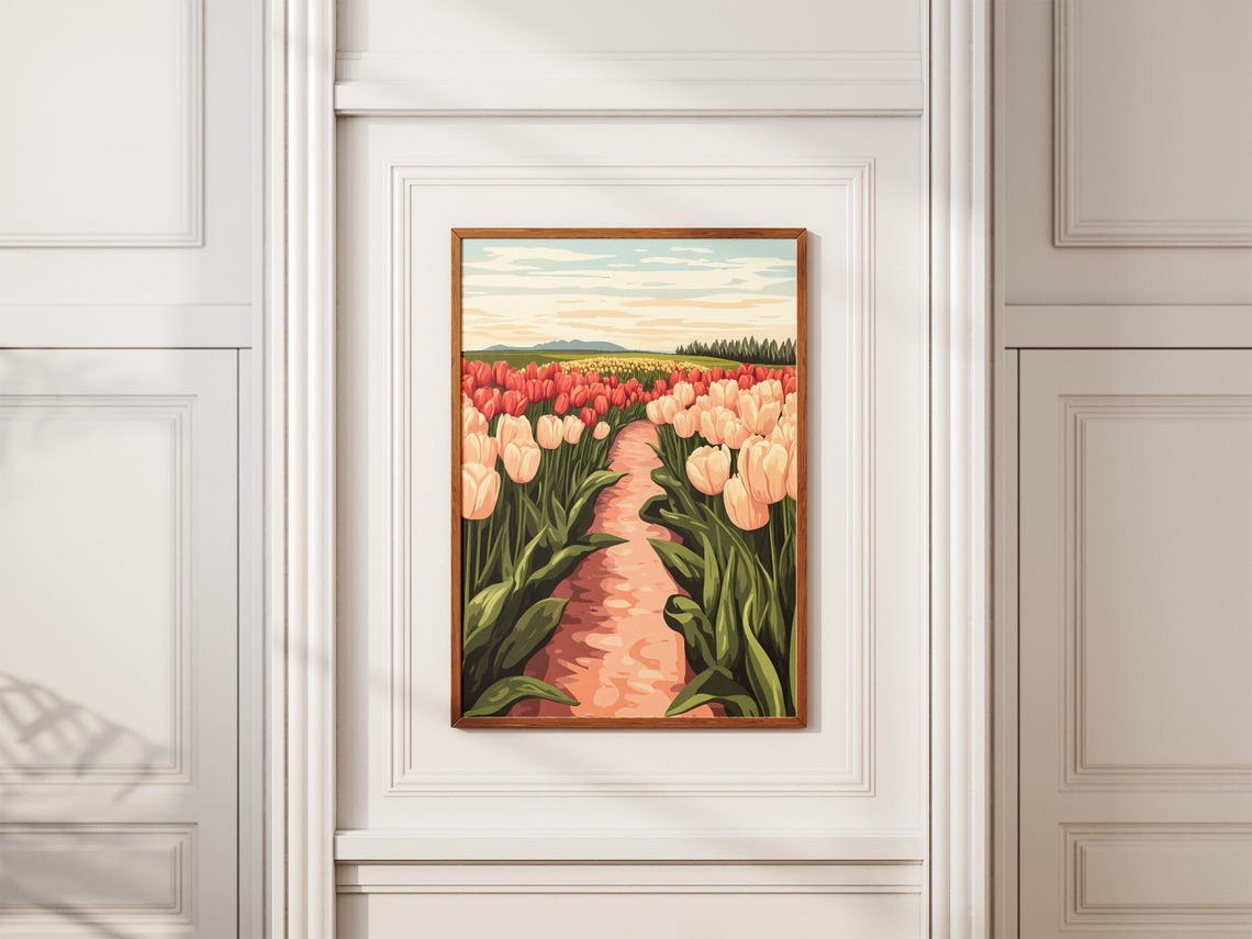 Red Blush Tulip Field Path With Distant Mountains Spring Art Poster - Image 2