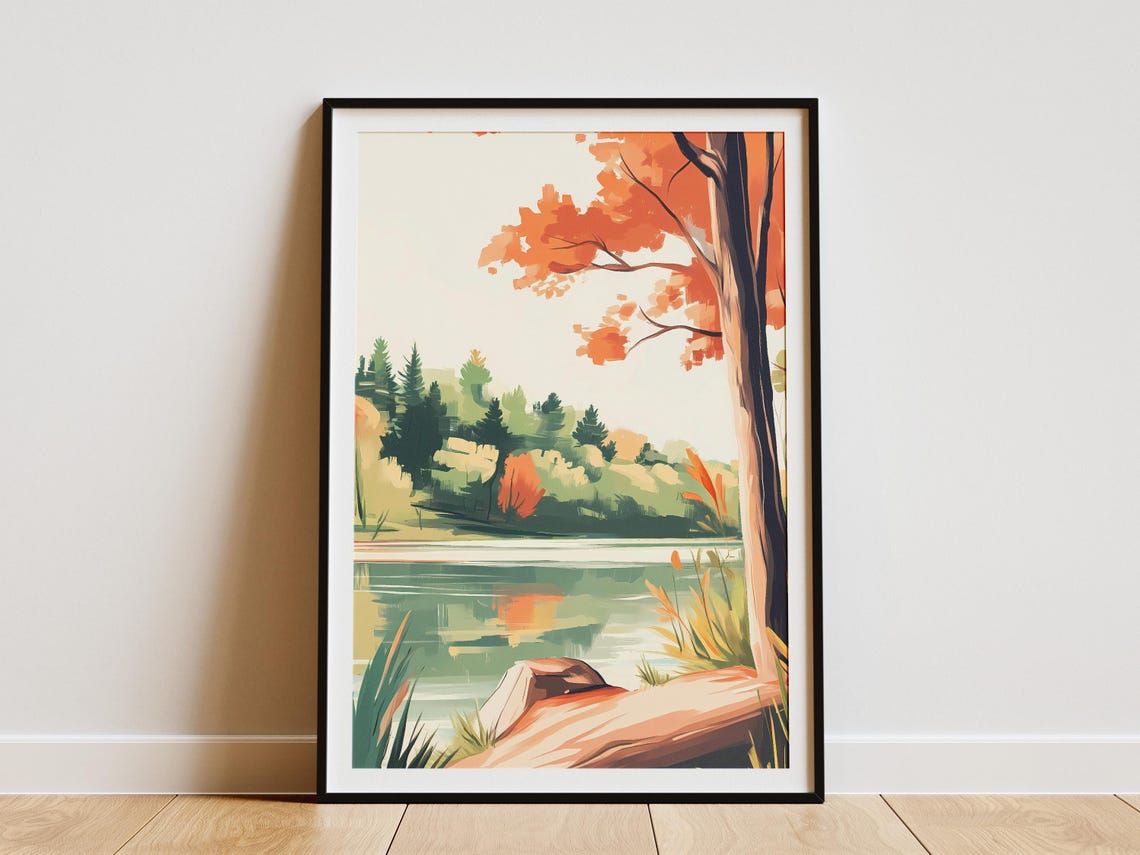 Autumn Tree With Orange Leaves Beside A Still Forest Lake Log Poster