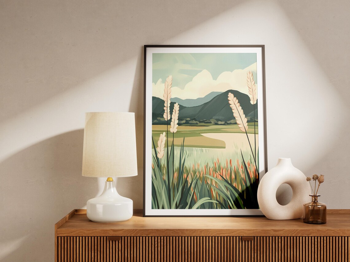 Feathery Meadow Grasses by a Pale Lake in Mountain Haze Poster - Image 5