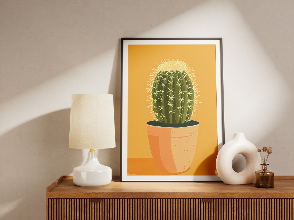 Potted Cactus Illustration Mustard Yellow Background Art Poster - Image 2