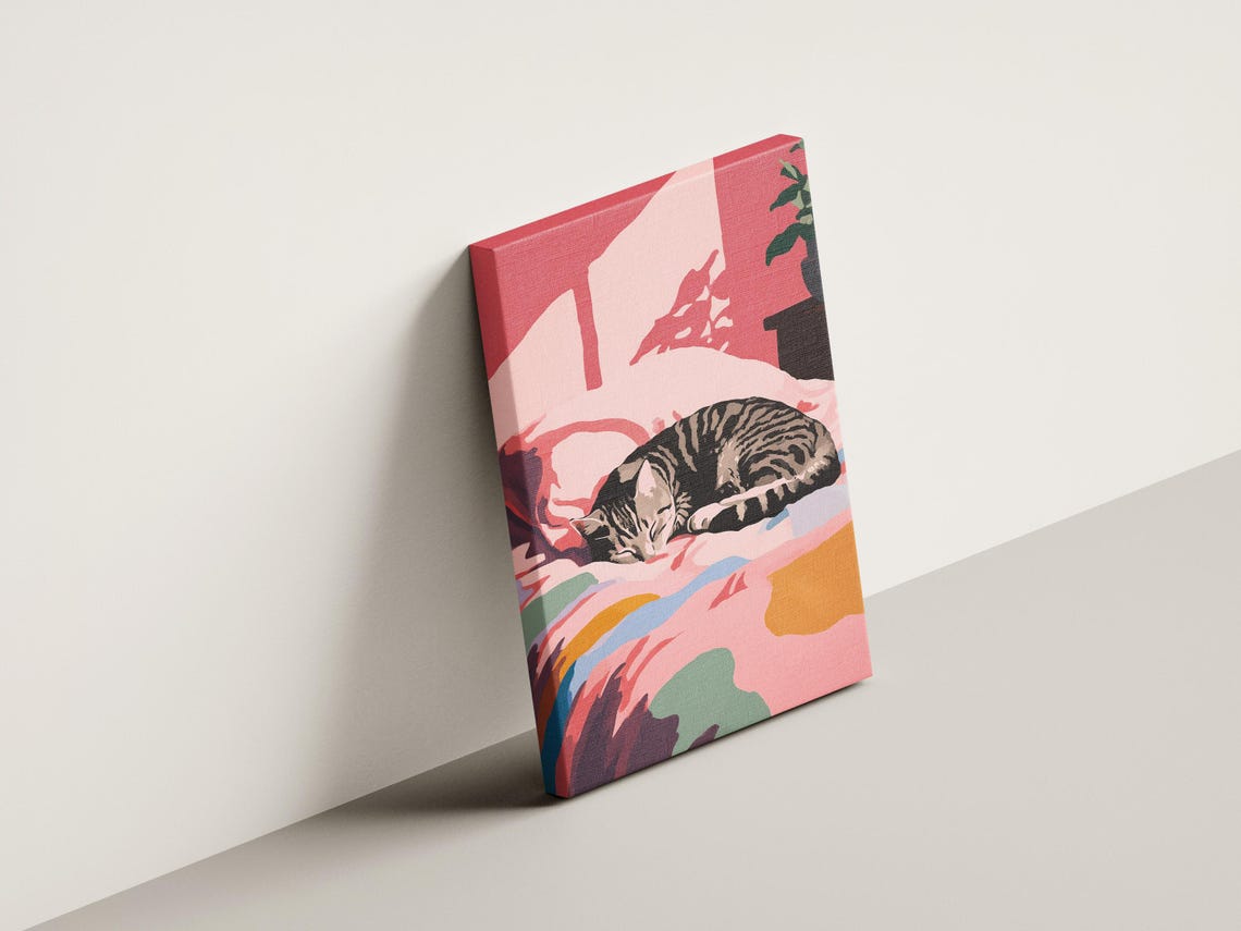 Sleeping Tabby Cat on Pink Bed Matisse Style Bedroom Art Poster - Image 4