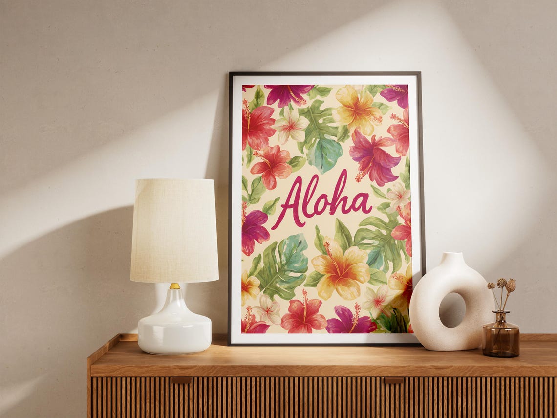 Aloha Script Typography Watercolor Hibiscus Tropical Floral Poster - Image 4