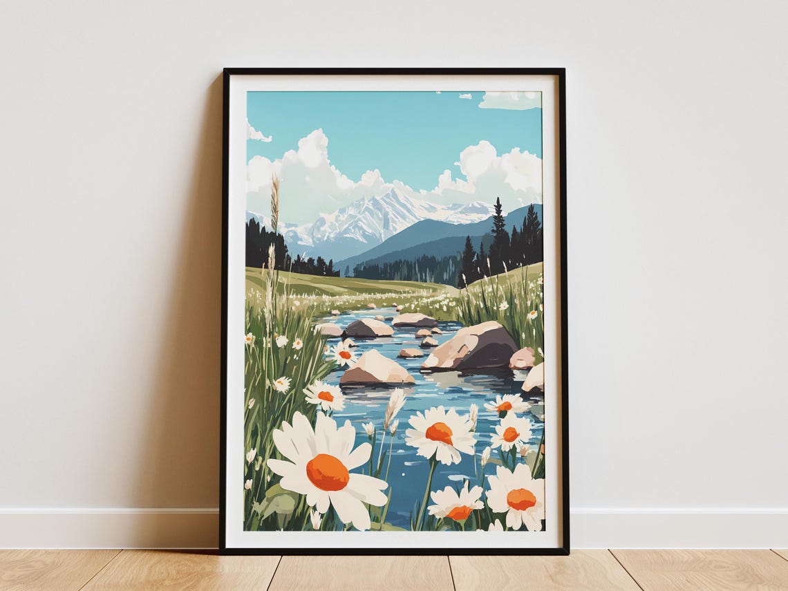 Mountain Stream With Daisies Rocky Creek Snowy Peaks Art Poster