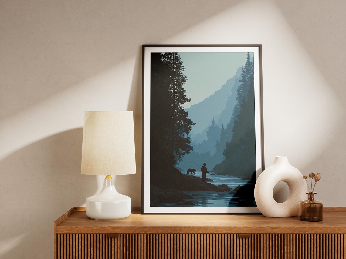 Misty Mountain River With a Bear and Fisherman Silhouette at Dusk Poster - Image 4