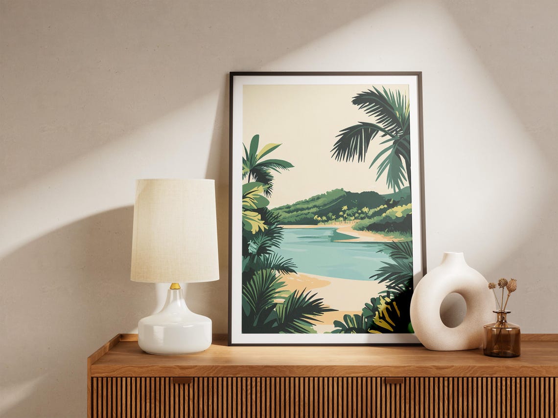 Tropical Lagoon Beach Through Palm Fronds Hillside View Poster - Image 5