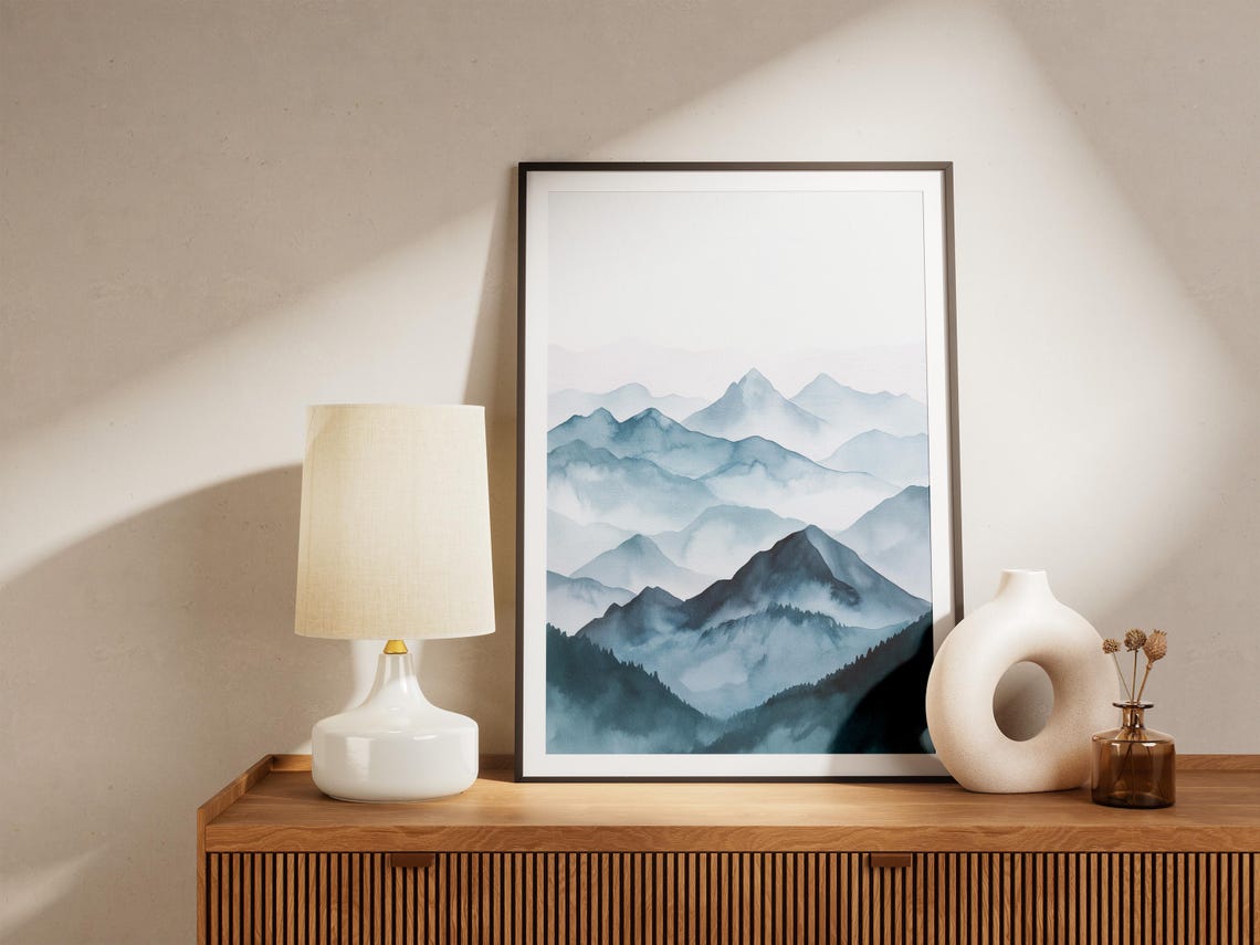 Blue Watercolor Layered Mountain Ranges Misty Japandi Art Poster - Image 4