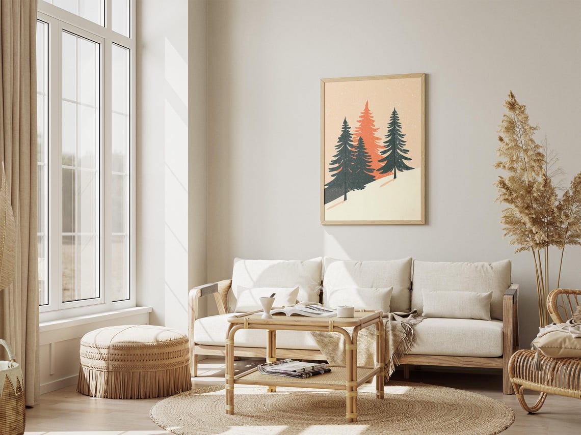 Minimalist Green and Orange Pine Trees on Snow Holiday Poster - Image 4