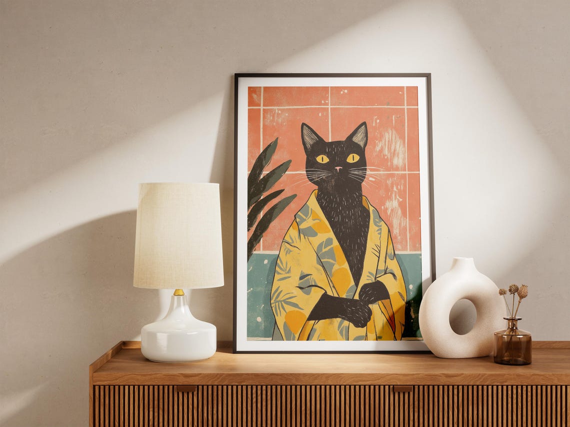 Sleek Black Cat in Yellow Leaf Pattern Robe Fun Cat Art Poster - Image 4