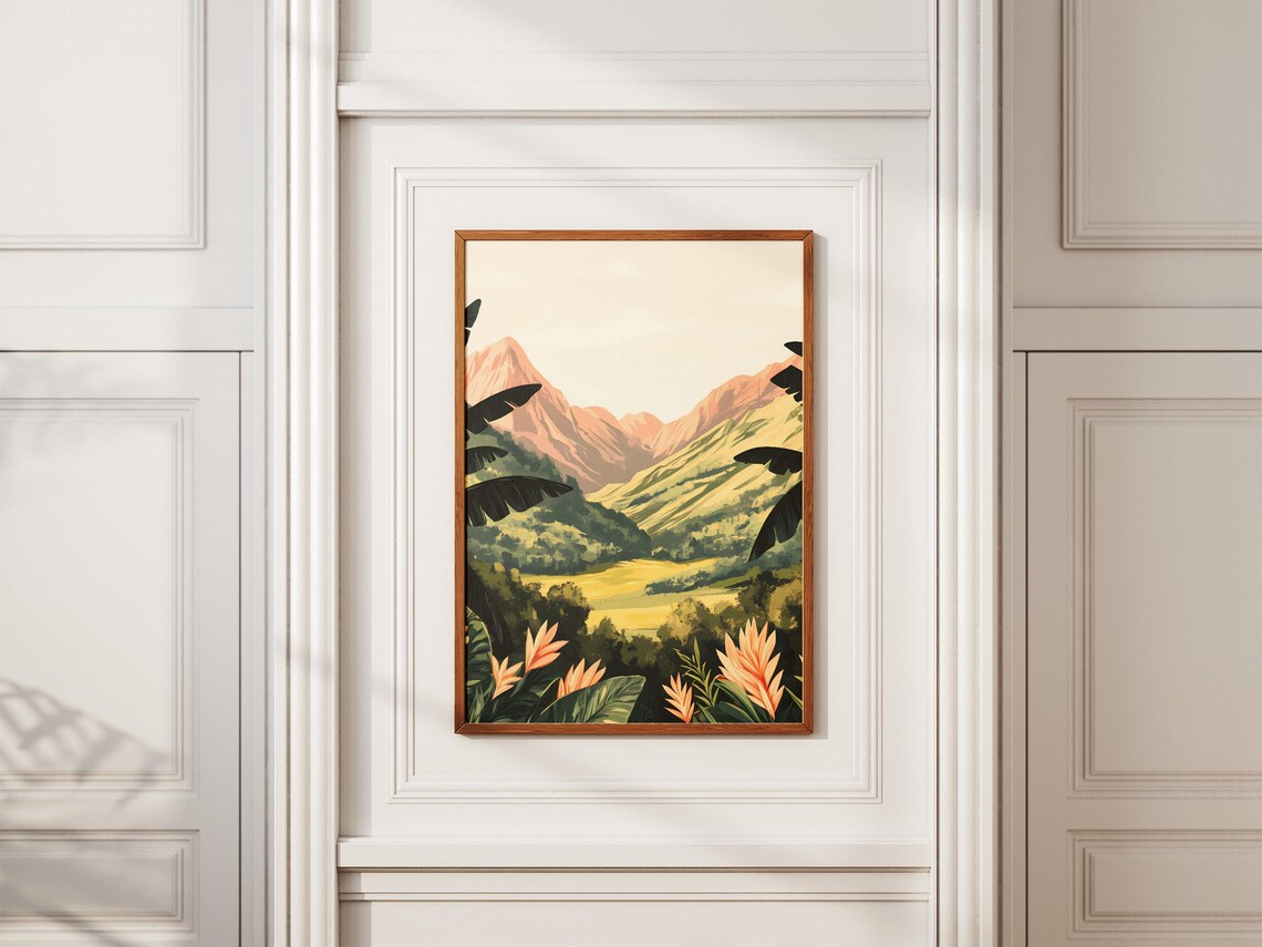 Tropical Mountain Valley With Heliconia Flowers and Pink Peaks Poster - Image 2