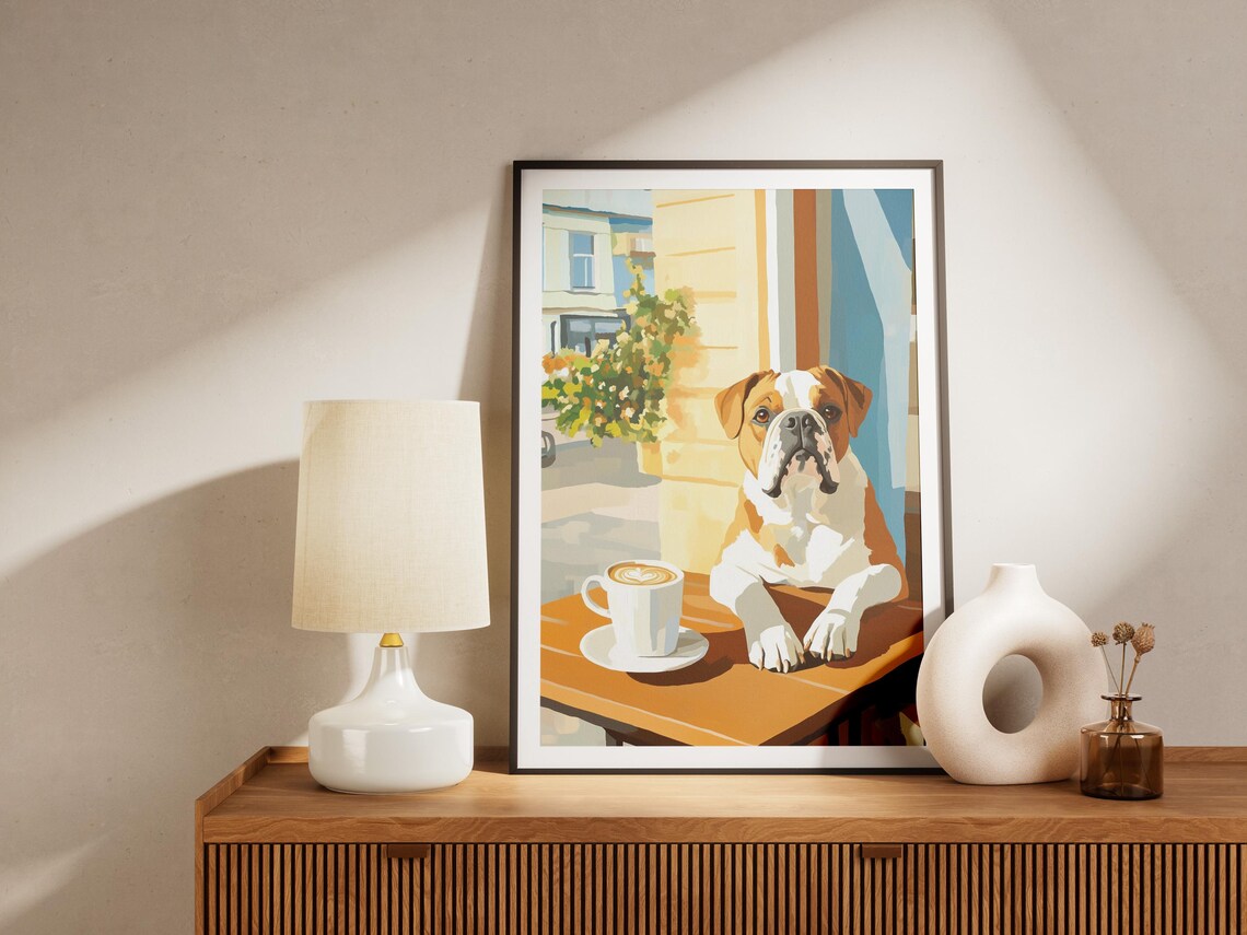 Wrinkly English Bulldog with Latte Art at a Sunny Cafe Poster - Image 4