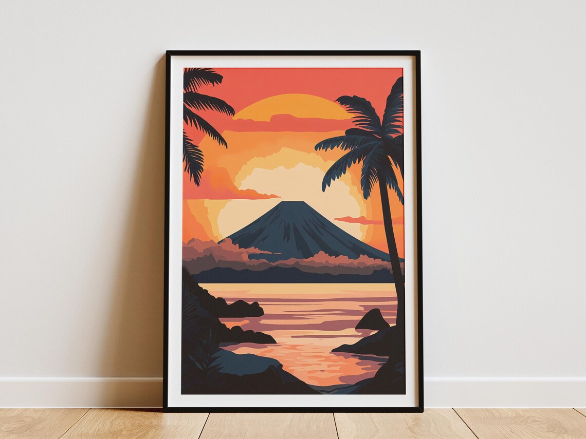 Indonesia Krakatau Volcano Island Giant Sunset Orange Sun Poster