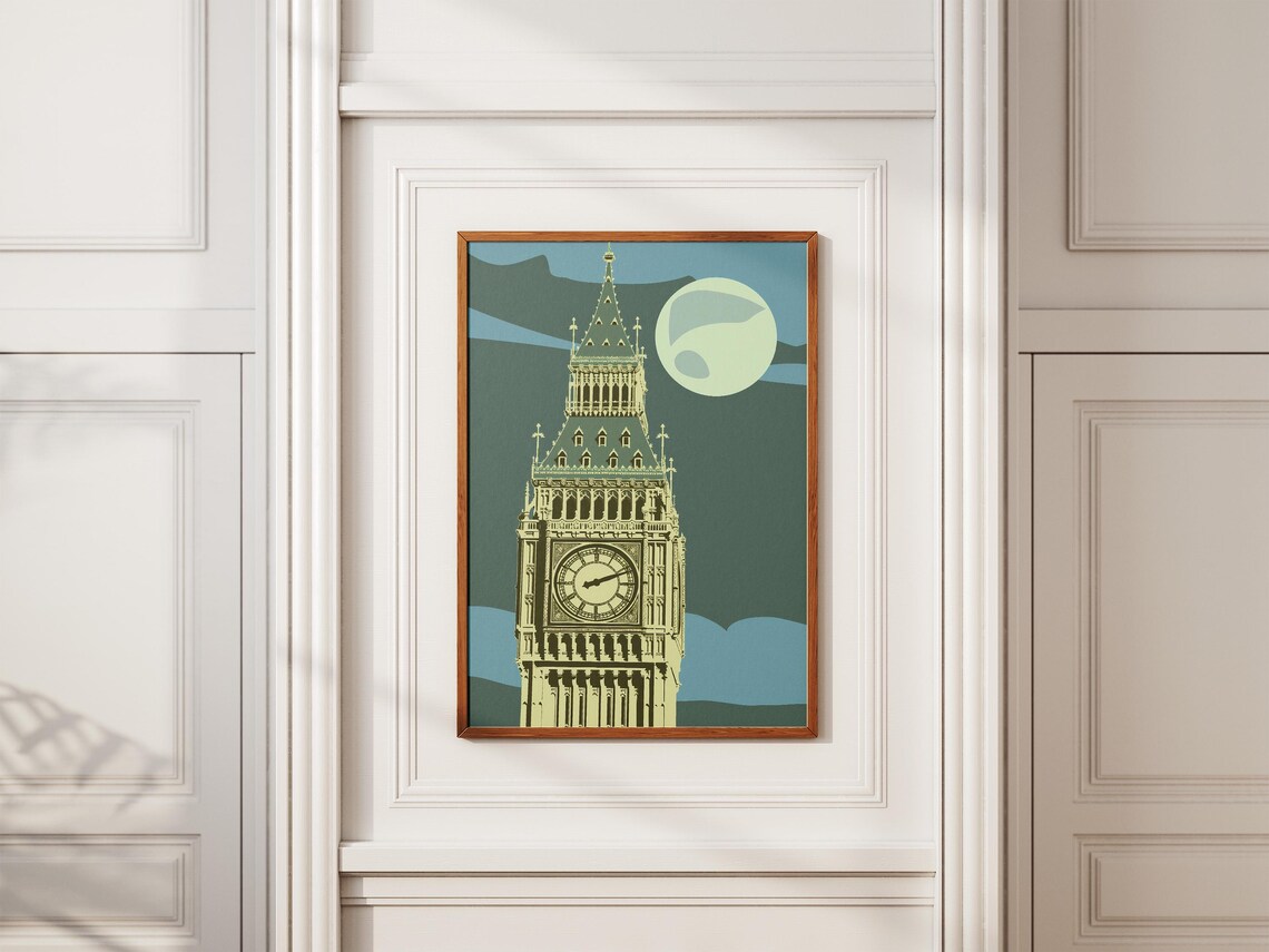 Big Ben London Under Moonlight Geometric Cityscape Travel Art Poster - Image 2