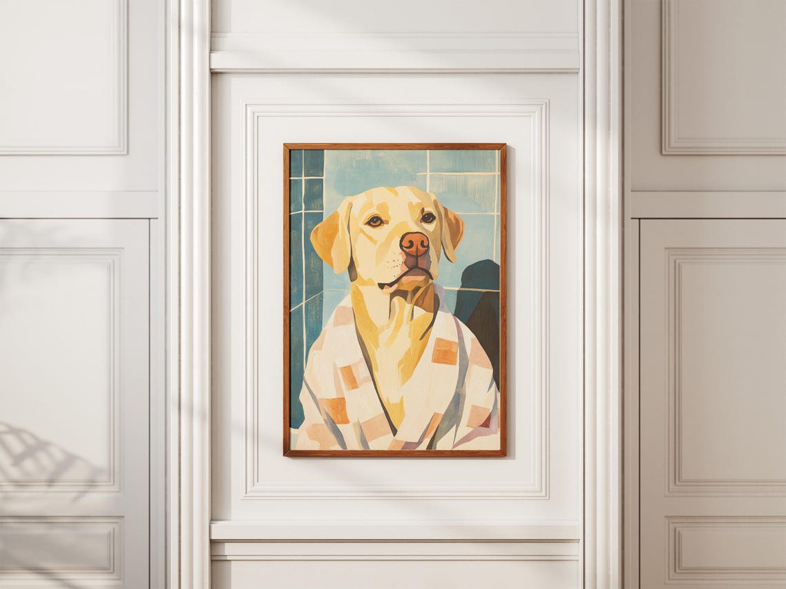 Labrador Retriever in Patchwork Bathrobe Cozy Dog Art Poster - Image 2