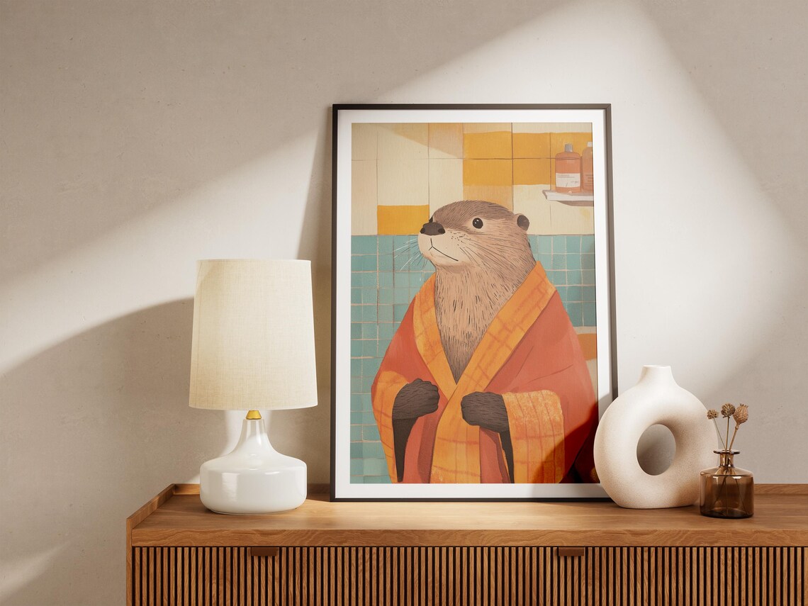 Sweet Otter In Orange Plaid Bathrobe Retro Bathroom Fun Poster - Image 5