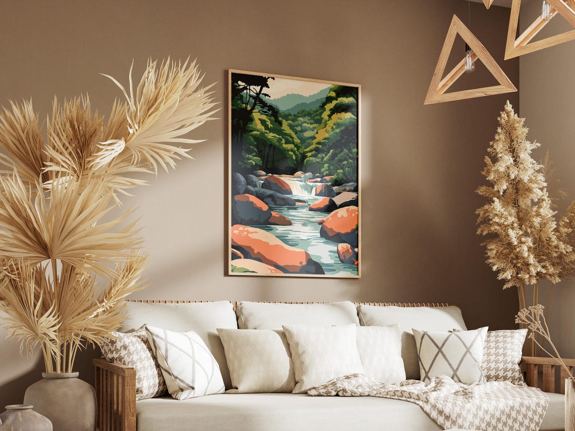 Misty Forest River Red Rock Waterfall Wilderness Landscape Poster - Image 3