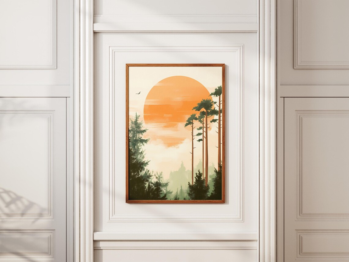 Big Orange Sun Rising Above Misty Pine Forest Landscape Poster - Image 2