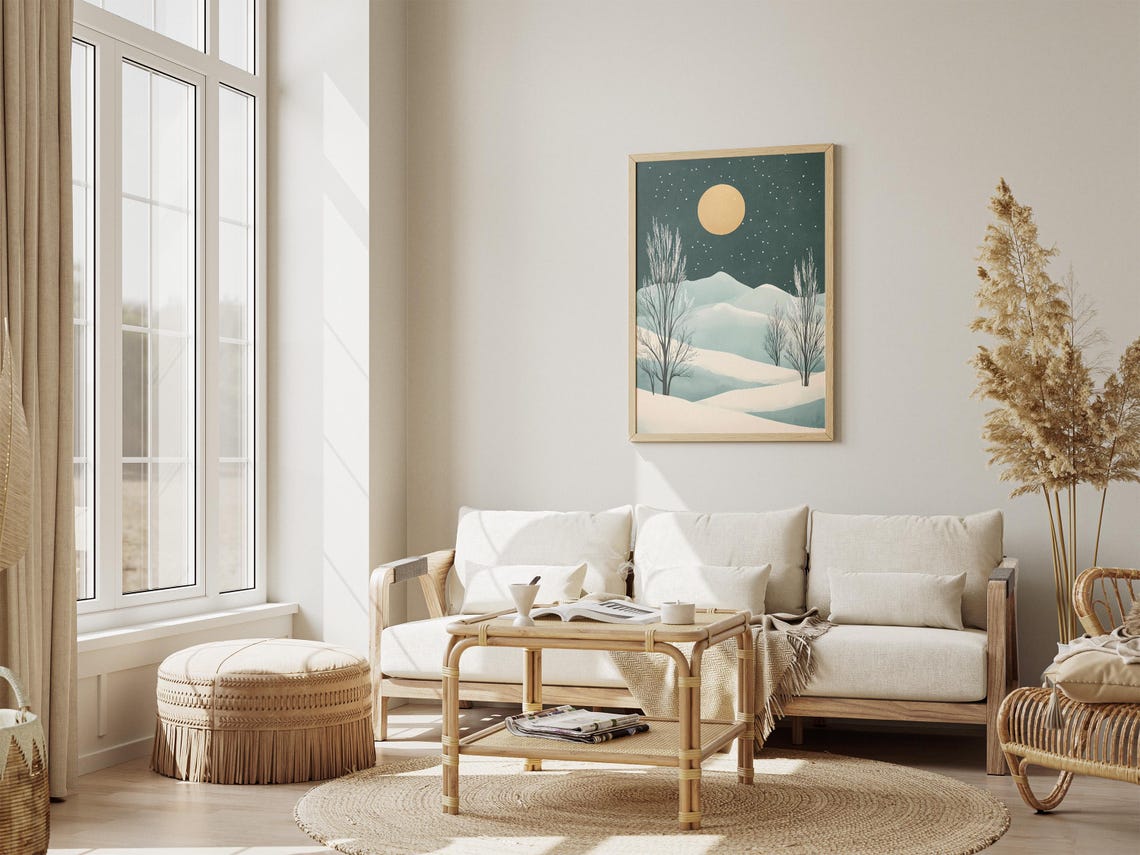 Minimalist Moonlit Snowy Hills Under Golden Moon Night Poster - Image 4